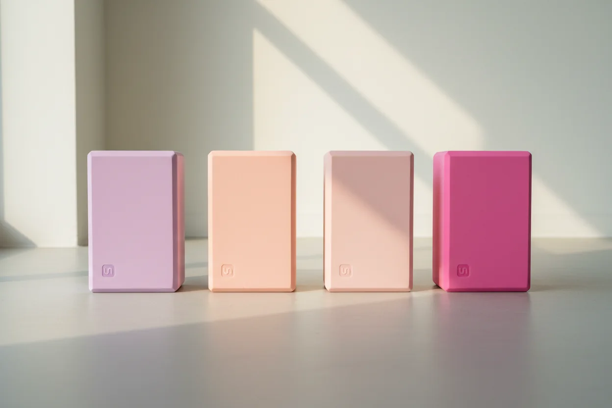Four yoga blocks standing side by side in lilac, peach, pale pink and bright pink