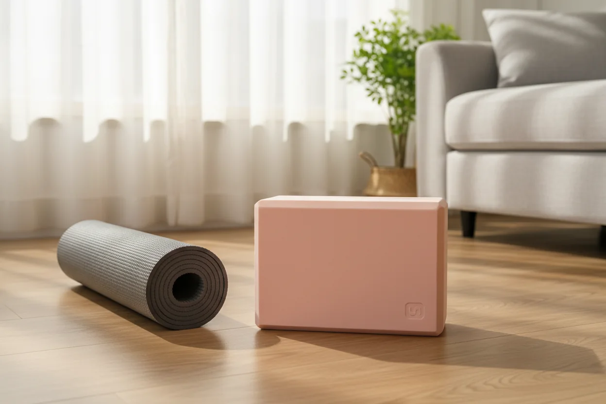 Peach pink yoga block on a wooden floor by a window, next to a rolled grey mat