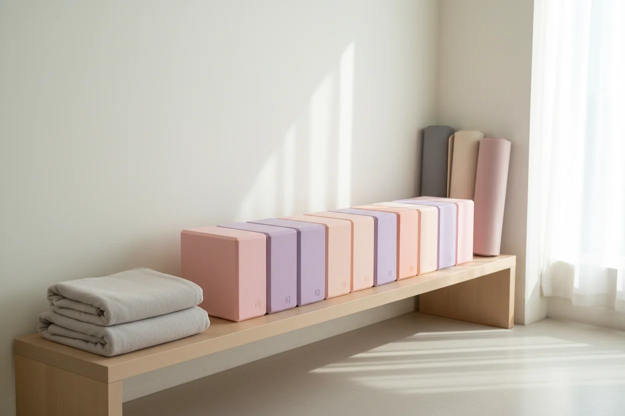 A row of yoga blocks in lilac, pink and peach on a low shelf in a yoga studio