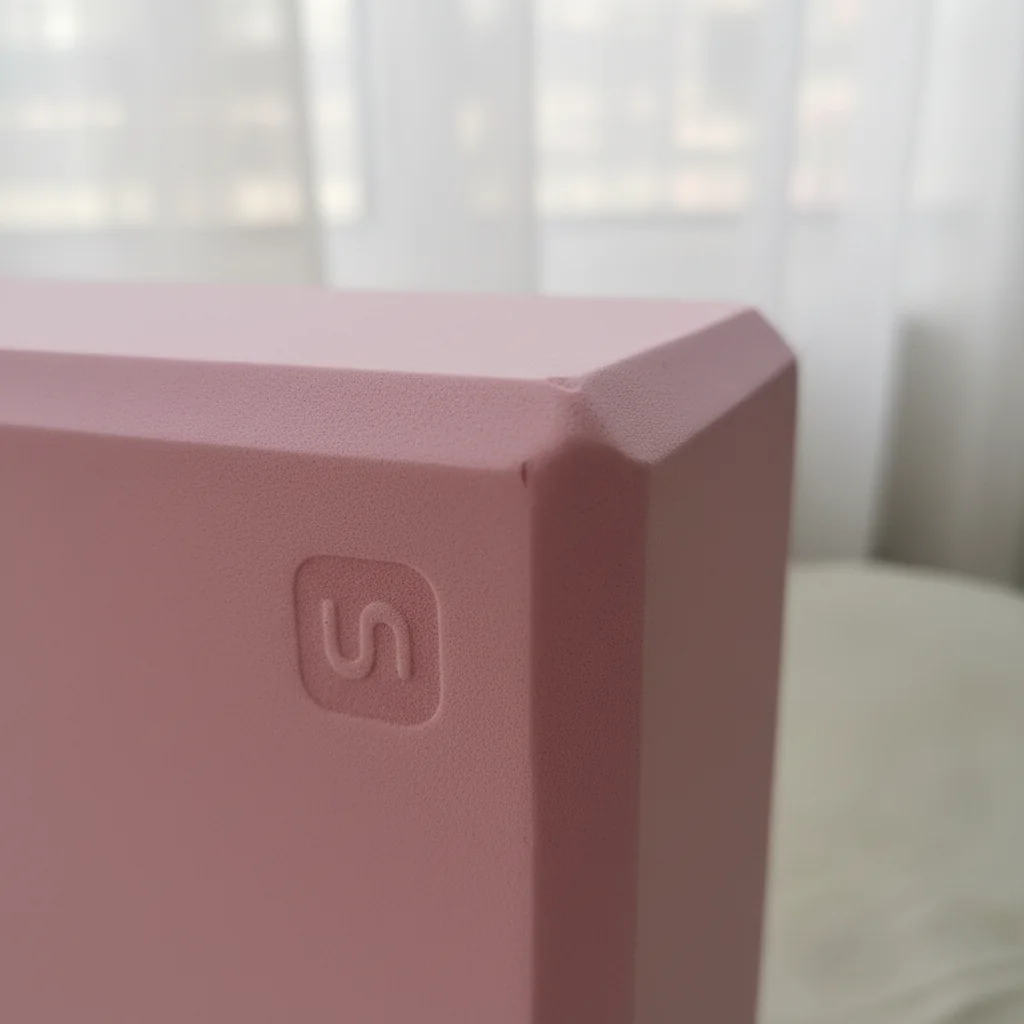 Close-up of the fine matte foam grain and bevelled edge of the pink yoga block